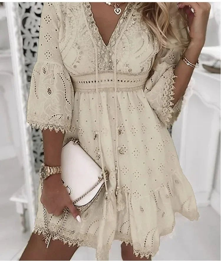 Women's Cotton Lace Mini Dress with Bell Sleeves and V-Neck for Spring Garden Parties Romantic Occasions | Koossa