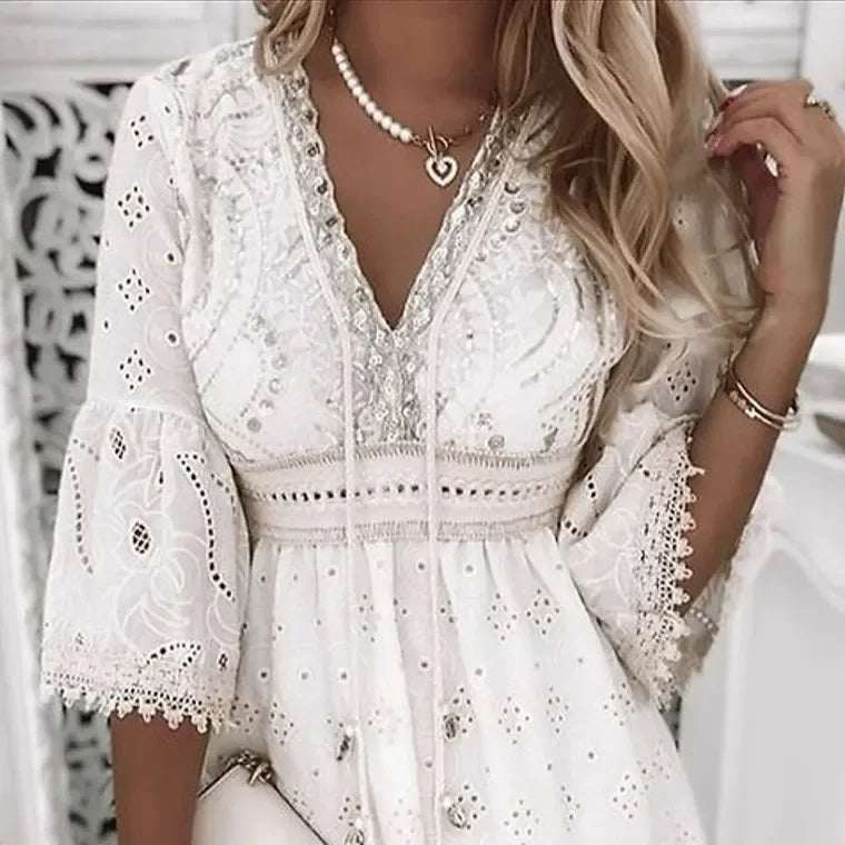 Women's Cotton Lace Mini Dress with Bell Sleeves and V-Neck for Spring Garden Parties Romantic Occasions | Koossa