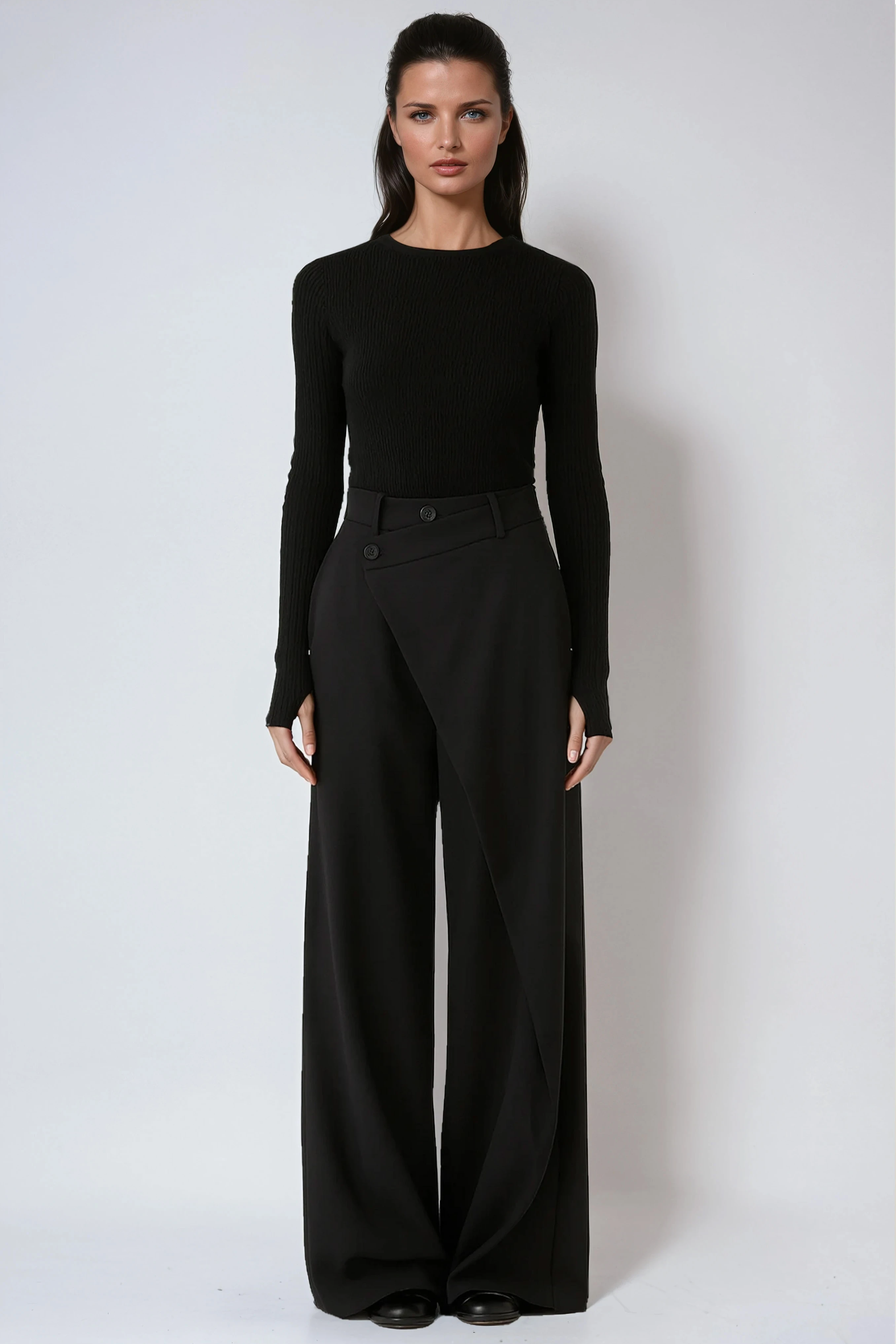 High-Waisted Wide-Leg Trousers with Asymmetric Wrap Detail in Black, Brown & Grey for Work and Evening | Koossa