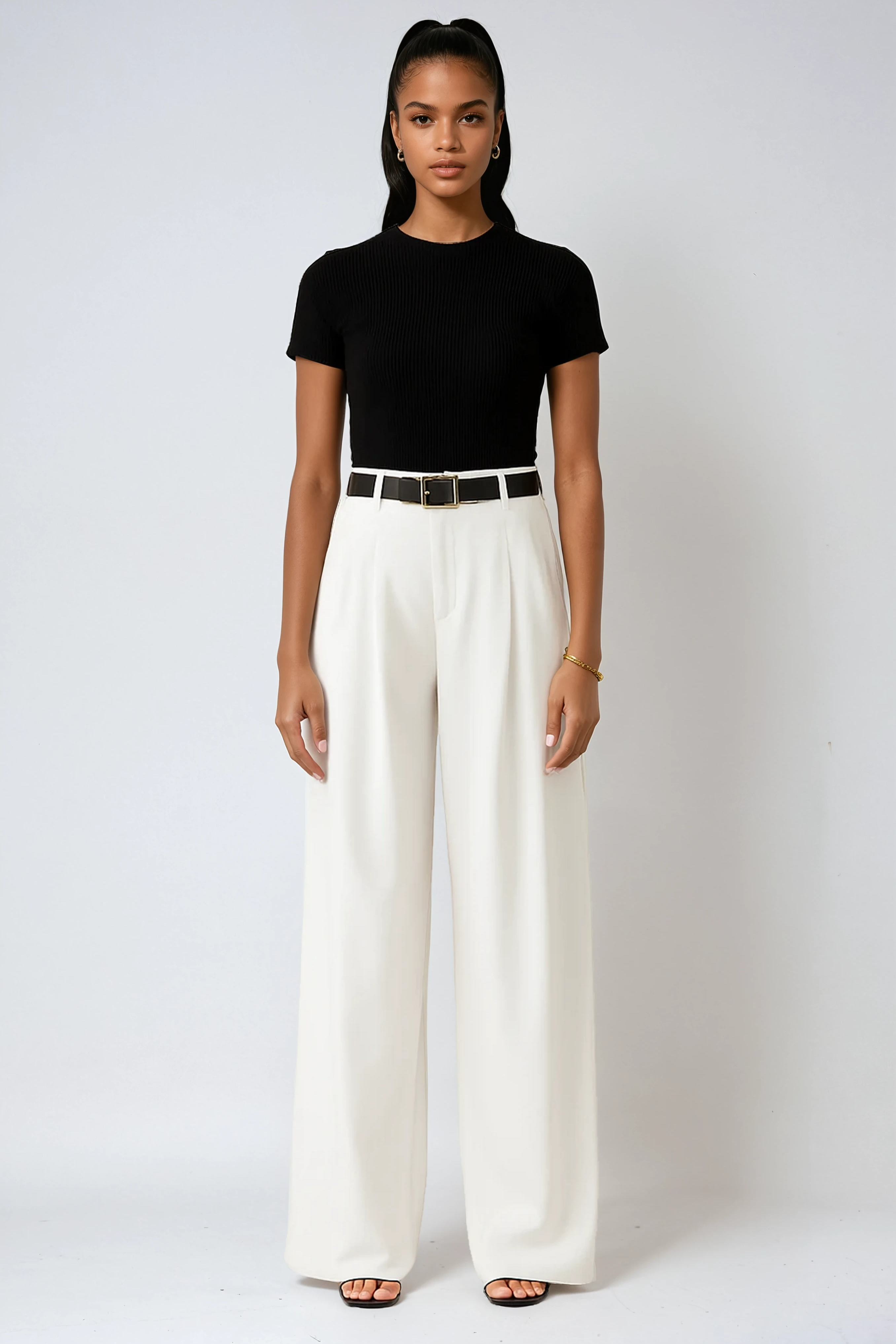 High-Waisted Wide-Leg Trousers in White with Pleated Front for Smart Casual Occasions | Koossa
