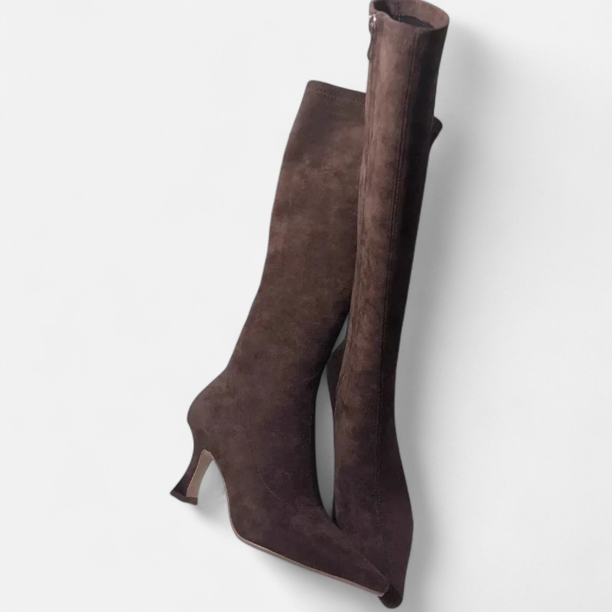 Women's Pointed-Toe Knee-High Heeled Boots in Suede | Sleek Silhouette | Comfortable Side Zip | Perfect for Evening and Office | Autumn Winter Footwear | Koossa