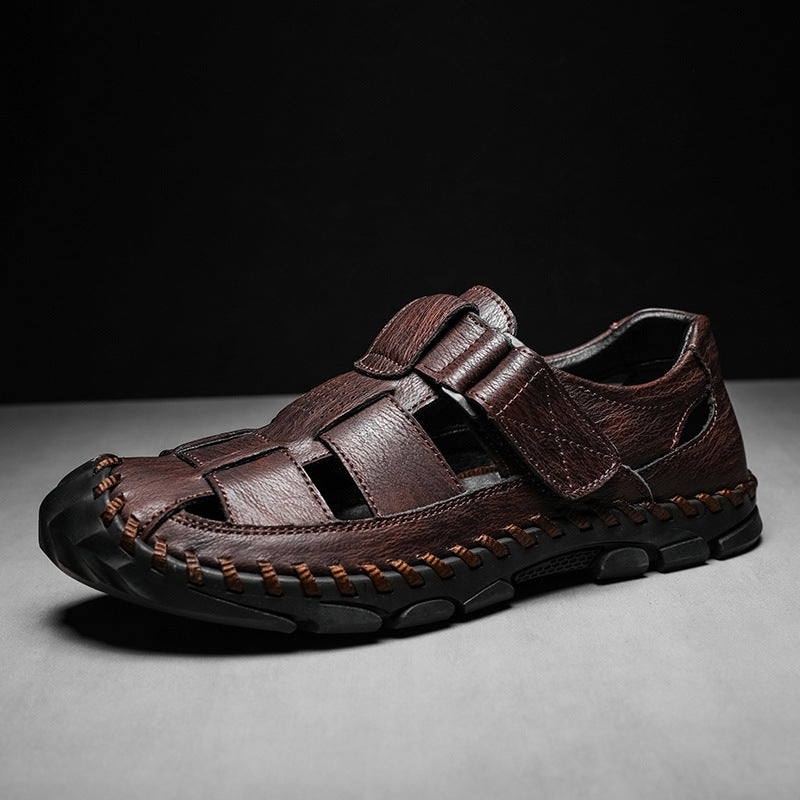 Closed-Toe Leather Fisherman Sandals for Men in Brown, Black and Grey – Supportive Everyday Summer Footwear with Adjustable Fastening and Breathable Cutout Design | Koossa