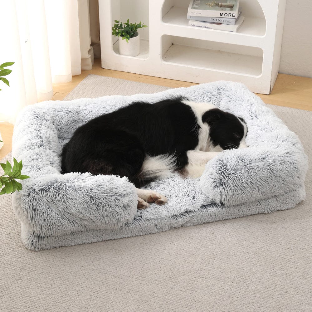Dog Calming Bed Faux Fur Memory Foam Orthopaedic Rectangle Bolster Anti-Anxiety Support Dog Bed Washable Medium Large Pink | Koossa