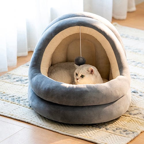 Cat Cave Bed Velvet Cotton Plush Hooded Enclosed Self-Warming Removable Cushion Swing Toy Small Large Anti-Anxiety Cat Hideaway Beige Grey | Koossa