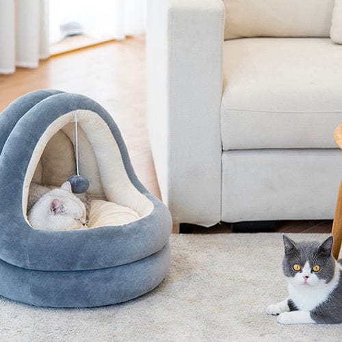 Cat Cave Bed Velvet Cotton Plush Hooded Enclosed Self-Warming Removable Cushion Swing Toy Small Large Anti-Anxiety Cat Hideaway Beige Grey | Koossa