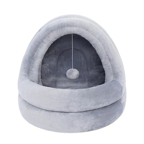 Cat Cave Bed Velvet Cotton Plush Hooded Enclosed Self-Warming Removable Cushion Swing Toy Small Large Anti-Anxiety Cat Hideaway Beige Grey | Koossa