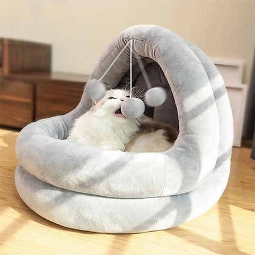 Cat Cave Bed Velvet Cotton Plush Hooded Enclosed Self-Warming Removable Cushion Swing Toy Small Large Anti-Anxiety Cat Hideaway Beige Grey | Koossa