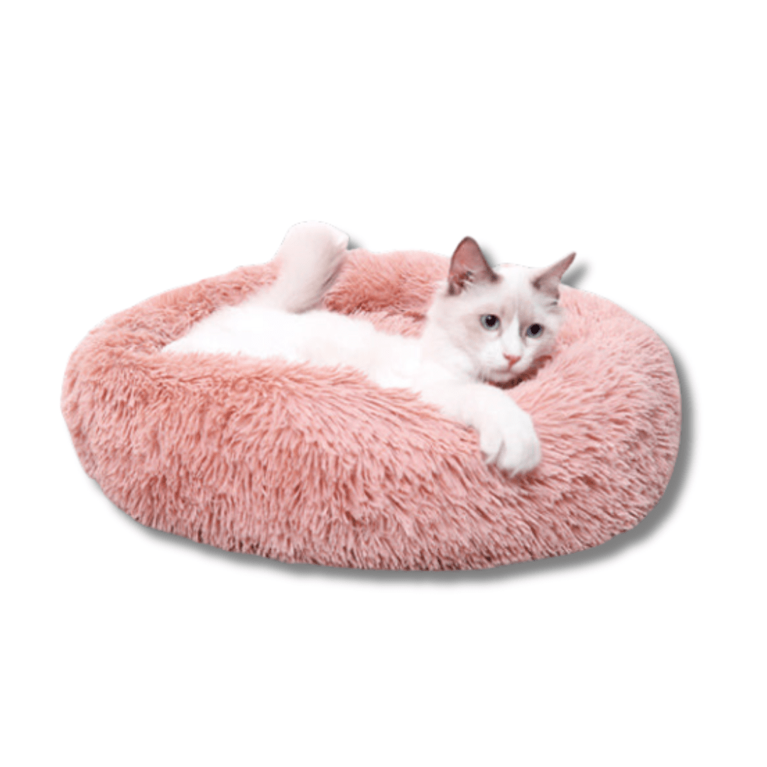 Cat Calming Bed Plush Donut Round Washable Cover Anti-Anxiety Nesting Cat Bed Fluffy Shaggy Grey Curl-Up Indoor | Koossa