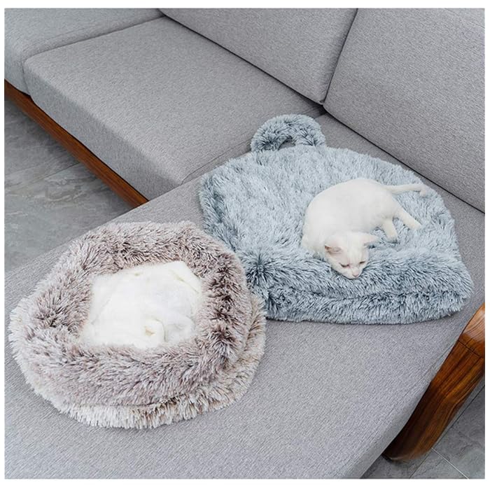 Cat Sleeping Bag Plush Faux Fur Self-Warming Hooded S M Cave Nest Bed Washable Indoor Portable Cat Bed | Koossa