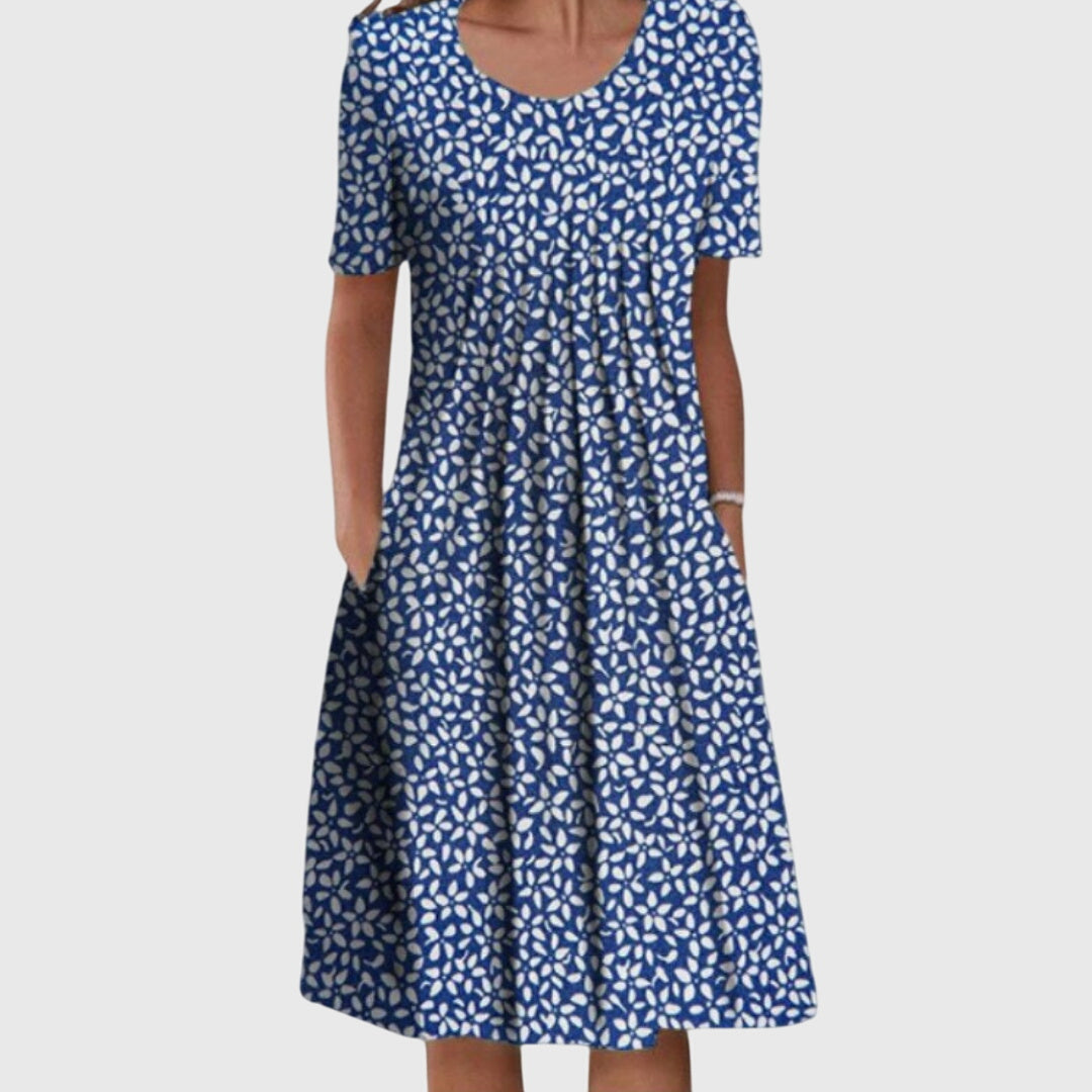 Women's Round Neck Floral Printed Layered Dress in Red, Yellow, and Blue | Classic Elegant Dress for Special Occasions and Everyday Wear | Flattering Fit Tummy Coverage Comfortable Fabric | Koossa