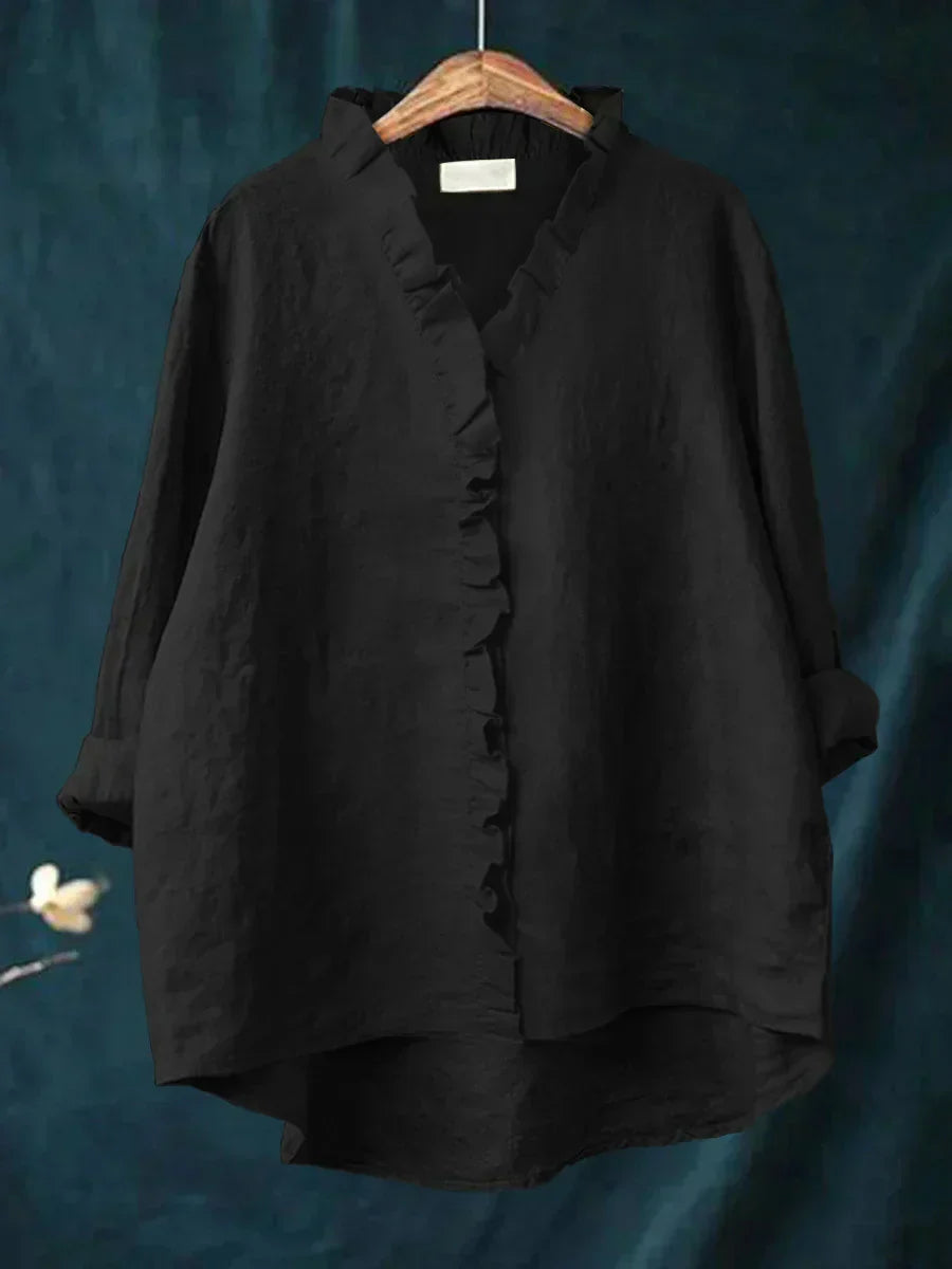 Women's Cotton-Linen V-Neck Blouse with Ruffle Detail in Seven Colours – Relaxed Fit Button-Front Top for Casual Elegance Spring Summer Everyday Wear | Koossa