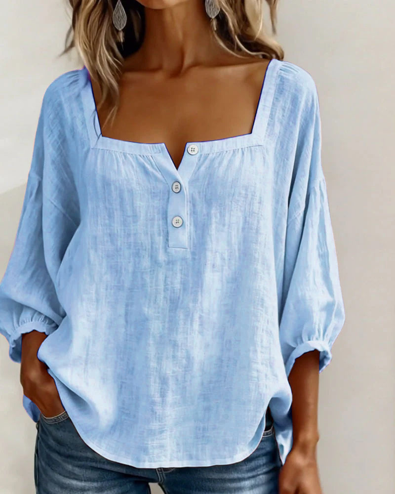 Women's Square Neck Puff Sleeve Blouse in Cotton Blend – Classic Feminine Wardrobe Essential for Every Season | Koossa