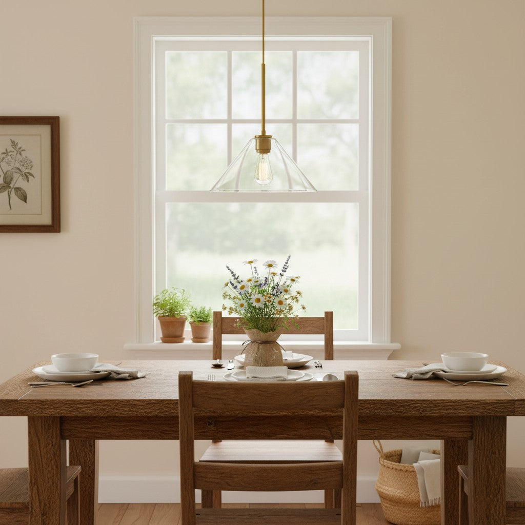Tapered Glass Hanging Fixture with Metal Canopy – E26 Socket – Dimmable for Dining Room, Island, Entryway | Lonoma