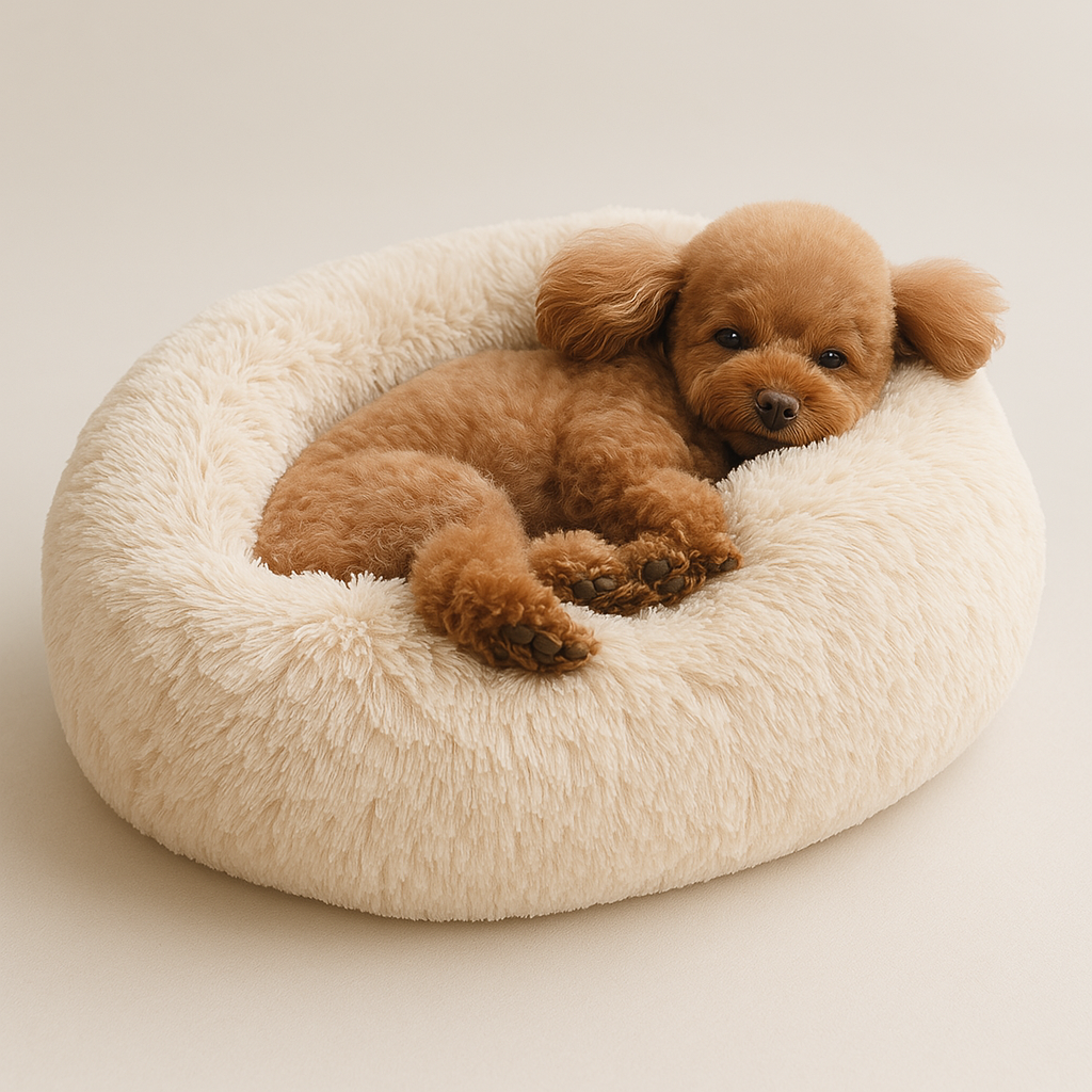 Dog Calming Bed Plush Donut Round Washable Cover Large Medium Anti-Anxiety Nesting Dog Bed Fluffy Shaggy Grey Curl-Up | Koossa