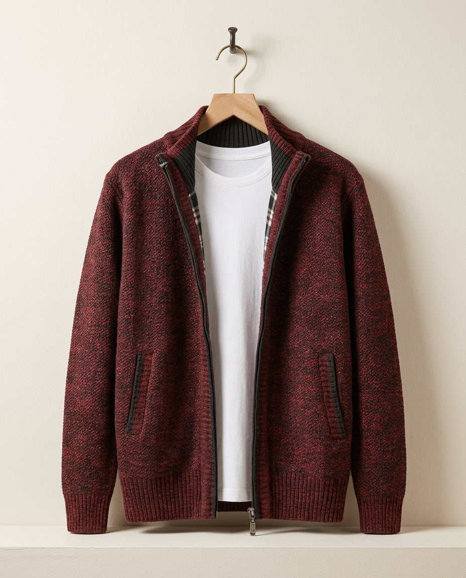 Men's Textured Knit Jacket with Plaid Fleece Lining – Ribbed Collar Full Zip Cardigan Sweater for Fall Winter Cold Weather Outdoor Casual | Lonoma