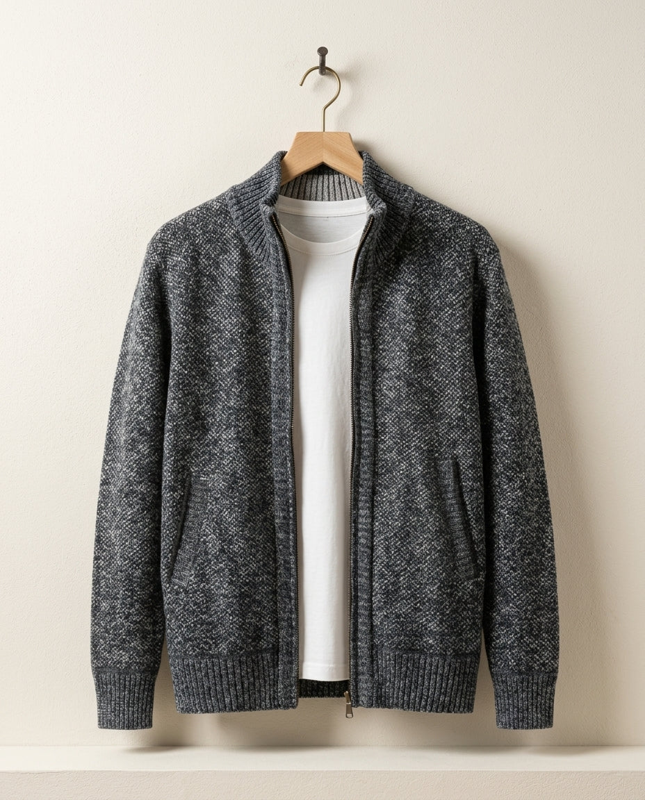 Men's Textured Knit Jacket with Plaid Fleece Lining – Ribbed Collar Full Zip Cardigan Sweater for Fall Winter Cold Weather Outdoor Casual | Lonoma