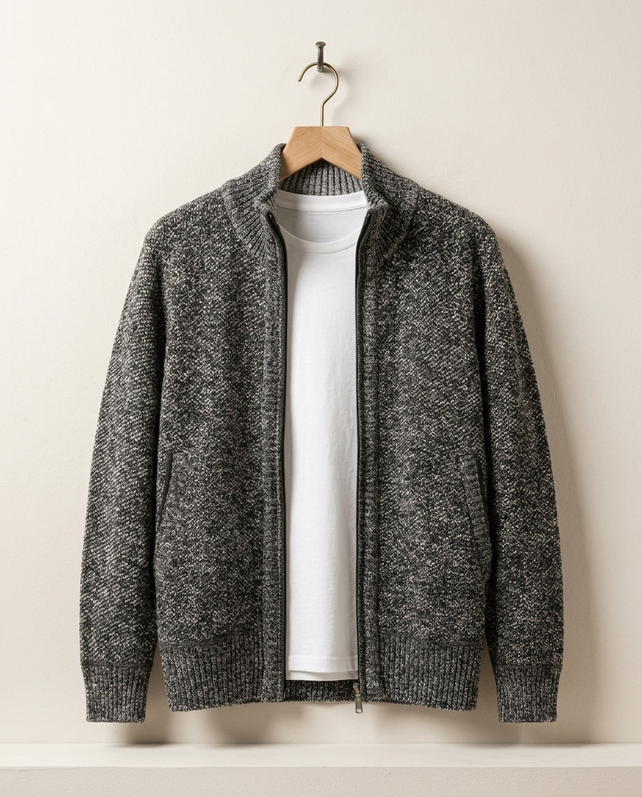 Men's Textured Knit Jacket with Plaid Fleece Lining – Ribbed Collar Full Zip Cardigan Sweater for Fall Winter Cold Weather Outdoor Casual | Lonoma