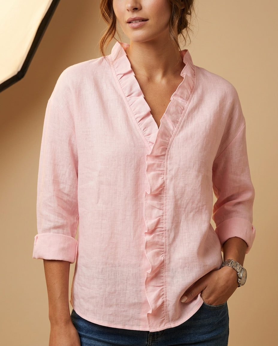 Women's Flowing V-Neck Blouse with Ruffle Trim – Long Sleeve Dressy Casual Top for Work & Evening – Pairs with Jeans, Skirts & Trousers | Lonoma