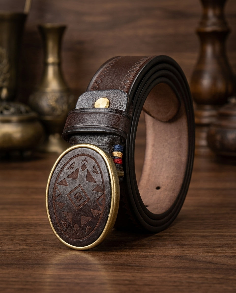 Men's Full-Grain Leather Belt with Embossed Detail and Metal Buckle for Jeans and Dress Pants – Genuine Cowhide Waist Belt | Lonoma