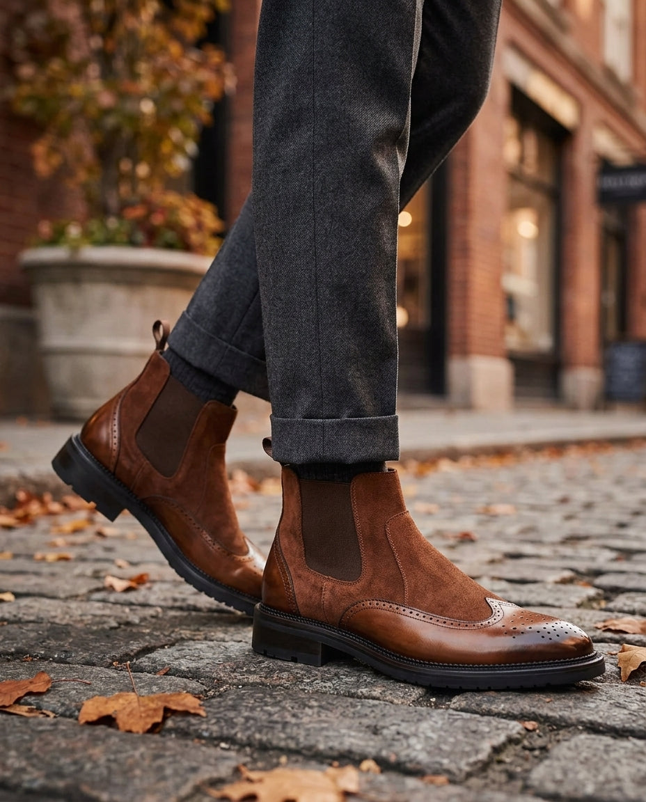 Men's Chelsea Boots with Wingtip Brogue Detail in Genuine Suede | Slip-On Ankle Boots with Elastic Side Panels for Easy Wear | Lonoma