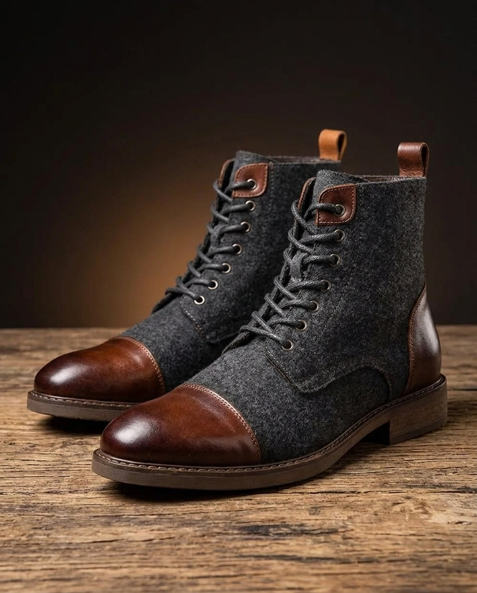 Men's Heritage Leather Ankle Boots with Wool Panel Detailing – Classic Lace-Up Footwear for Everyday Wear | Lonoma