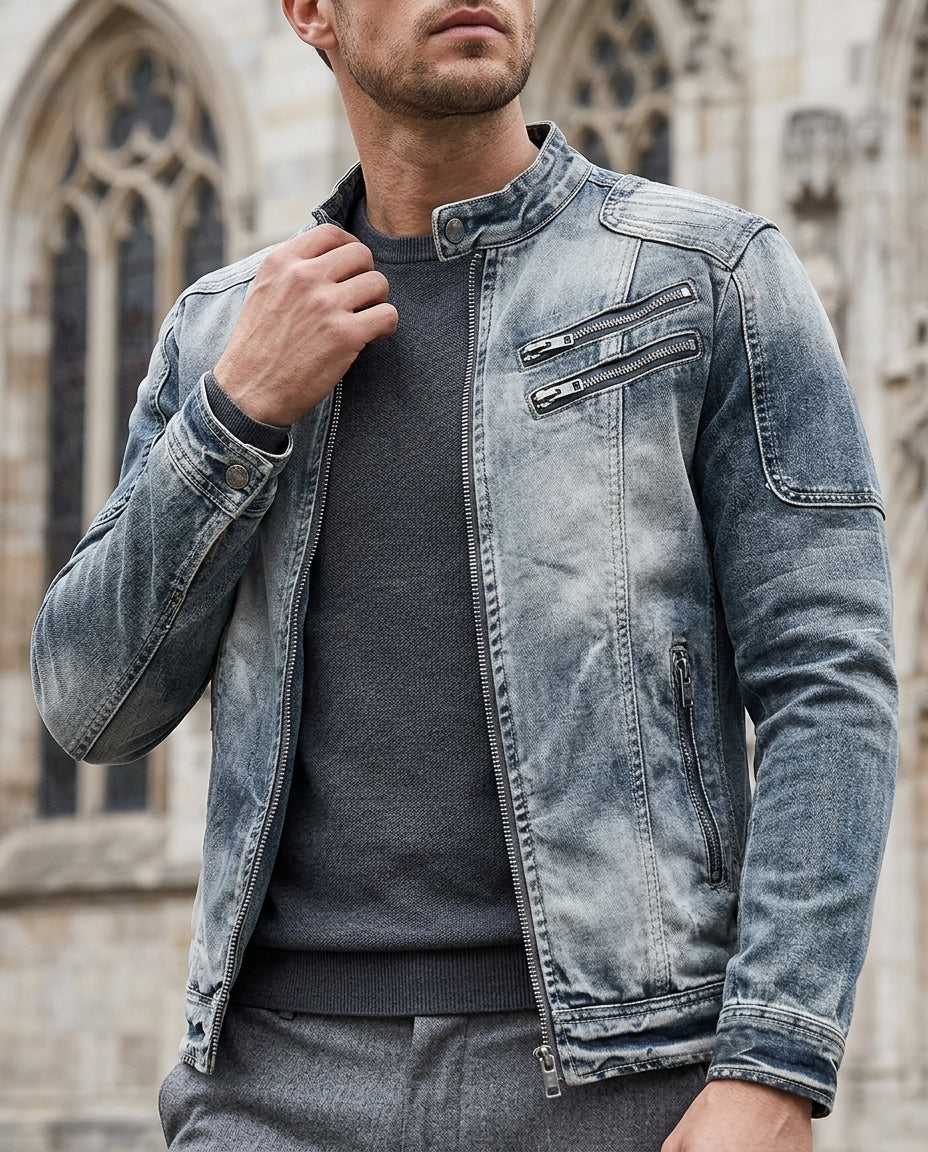 Men's Zip-Front Denim Motorcycle Jacket with Stand Collar & Distressed Finish for Casual Everyday Wear | Lonoma