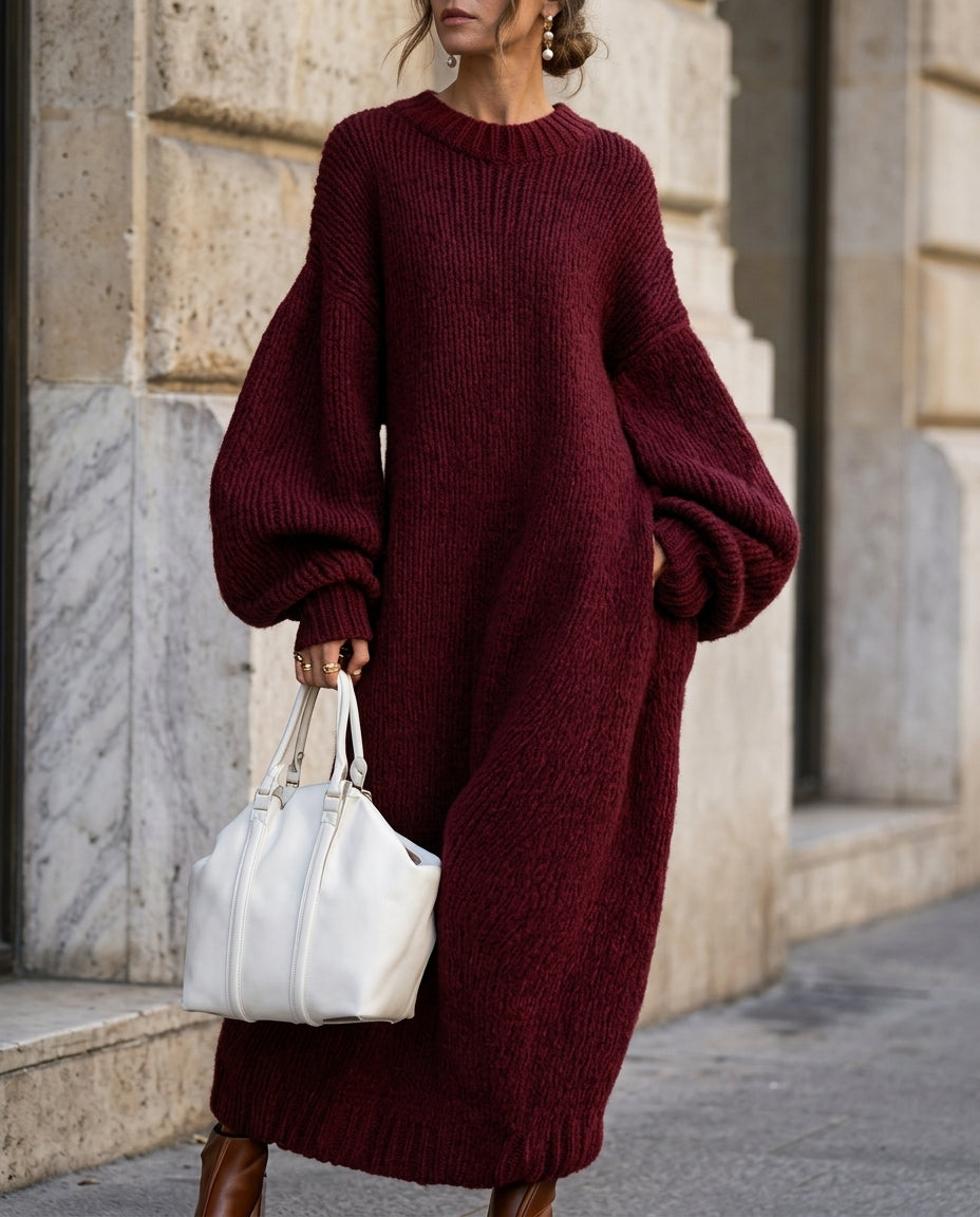 Women's Long Sleeve Cable Knit Sweater Dress Maxi Length Relaxed Fit for Fall Winter Gray Navy Rust Balloon Sleeve Cozy Pullover | Lonoma
