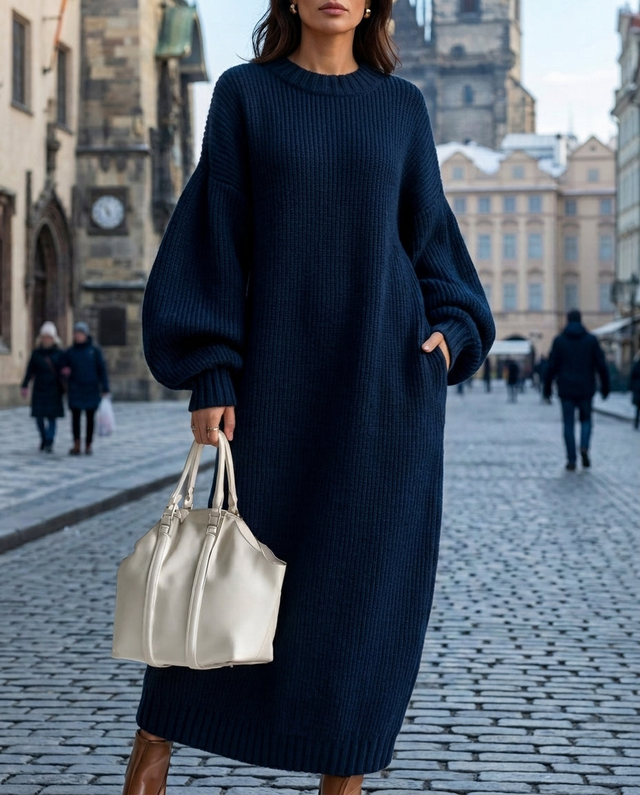 Long Sleeve Ribbed Knit Maxi Sweater Dress for Women – Oversized Relaxed Fit Pullover with Balloon Sleeves – Floor Length Winter Loungewear | Lonoma