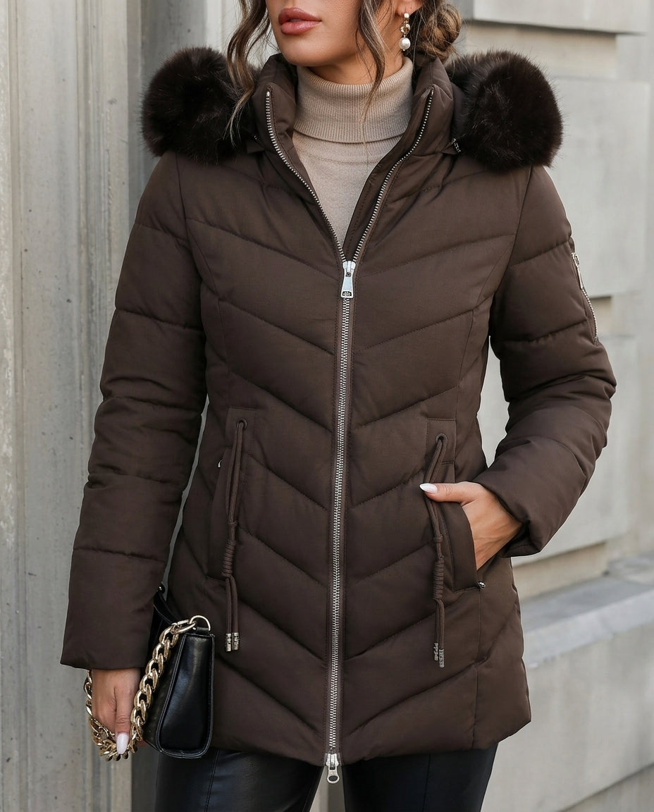 Insulated Hooded Puffer Jacket Women's Winter Outerwear with Adjustable Waist Tie Warm Padded Coat for Cold Weather Casual or Dressy | Lonoma
