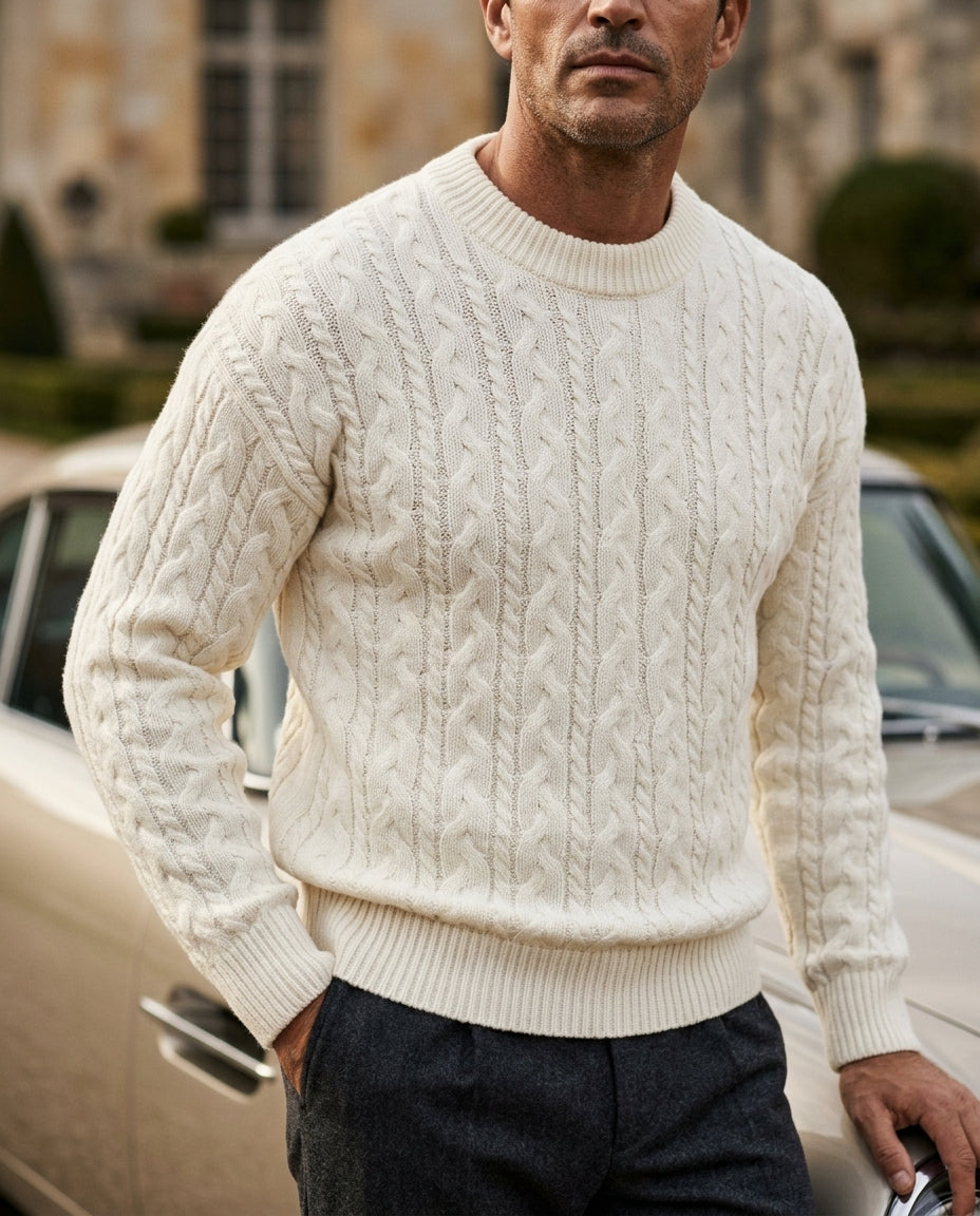 Men's Crew Neck Sweater Cable Knit Wool Blend Ribbed Cuffs Pullover for Fall Winter Layering Everyday Casual Warm Menswear | Lonoma