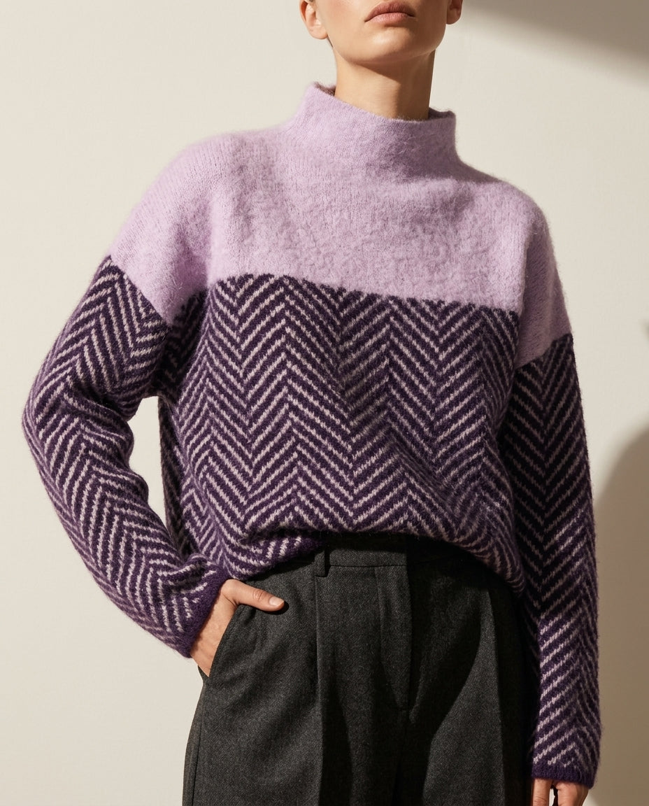 Women's Mock Neck Herringbone Sweater - Wool Blend Two-Tone Pullover for Fall & Winter | Relaxed Fit Stand Collar Knitwear | Lonoma