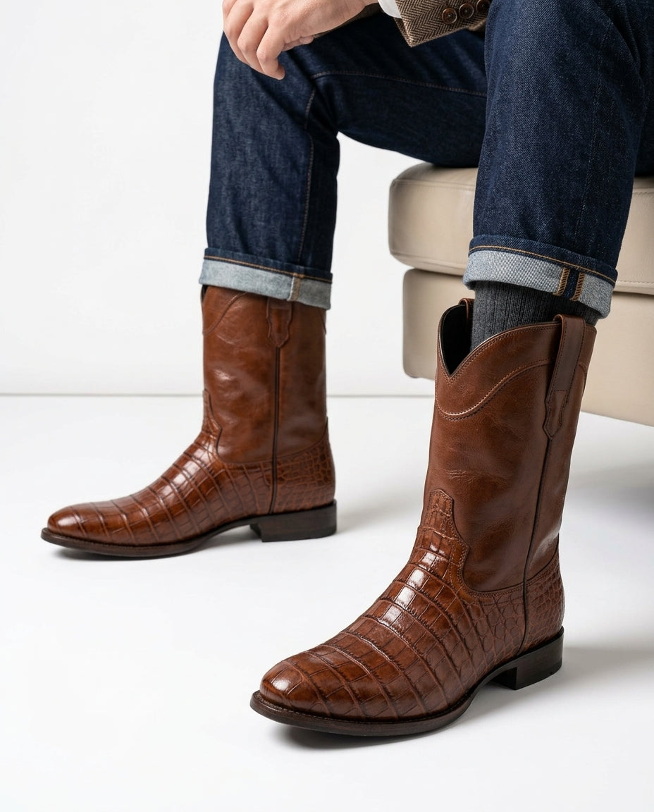 Men's Western Pull-On Boots with Crocodile-Embossed Leather Vamp & Cushioned Footbed for All-Day Comfort | Lonoma