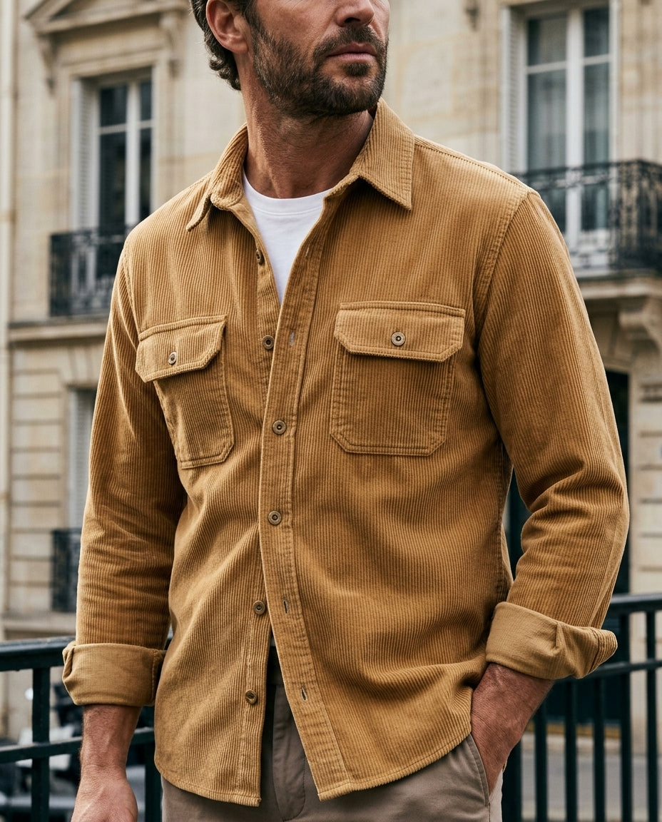 Men's Ribbed Corduroy Shirt Jacket with Chest Pockets – Button-Up Overshirt for Casual Layering, Work Style, Fall Outfits | Lonoma