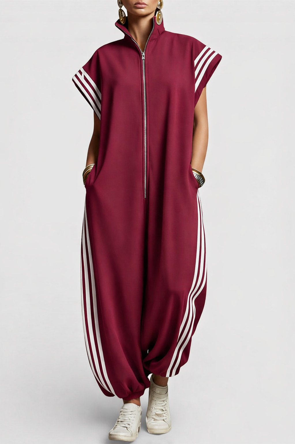 Women's Sleeveless Zip Neck Jumpsuit in Navy Blue Burgundy Brown Green Yellow Perfect for Weekend Casual Occasions Smart Casual Summer Spring Autumn Dressing | Koossa
