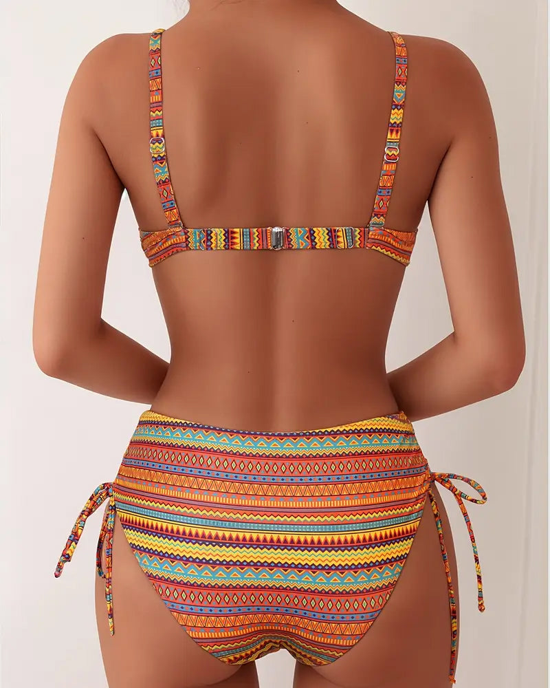 Women's Striped High-Waisted Bikini Set — Triangle Top Two-Piece Swimsuit for Summer Holidays & Beach | Koossa