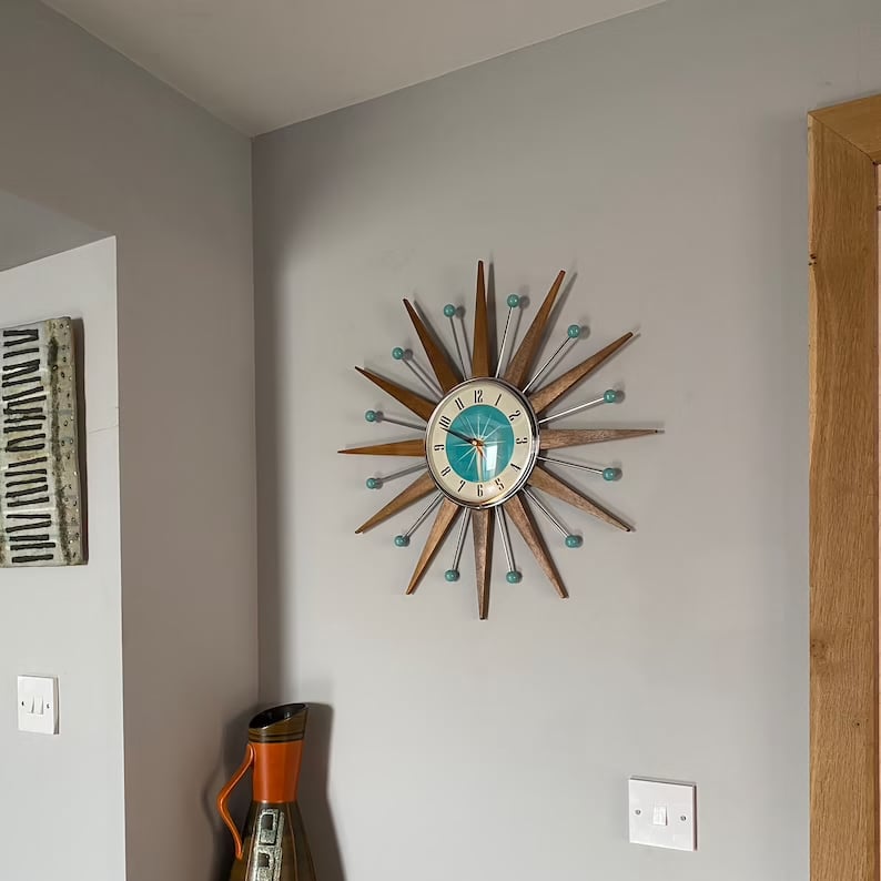 Square Wall Clock 15.7 Inch Silent Sunburst Design Handcrafted Battery Operated Retro Decorative Timepiece for Living Room Bedroom Office | Lonoma