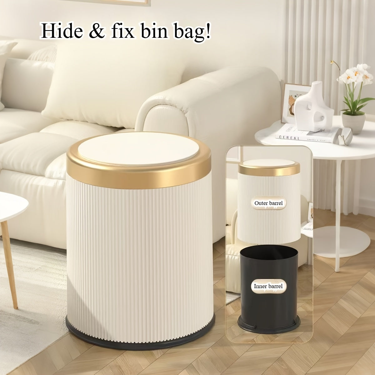 Corbeille ovale double compartiment couvercle pression mat détail doré salle de bains bureau dressing | Koossa