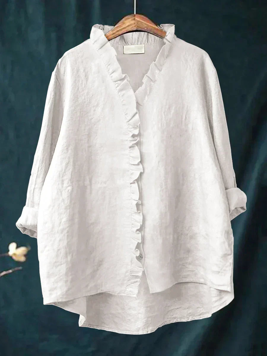 Women's Cotton-Linen V-Neck Blouse with Ruffle Detail in Seven Colours – Relaxed Fit Button-Front Top for Casual Elegance Spring Summer Everyday Wear | Koossa