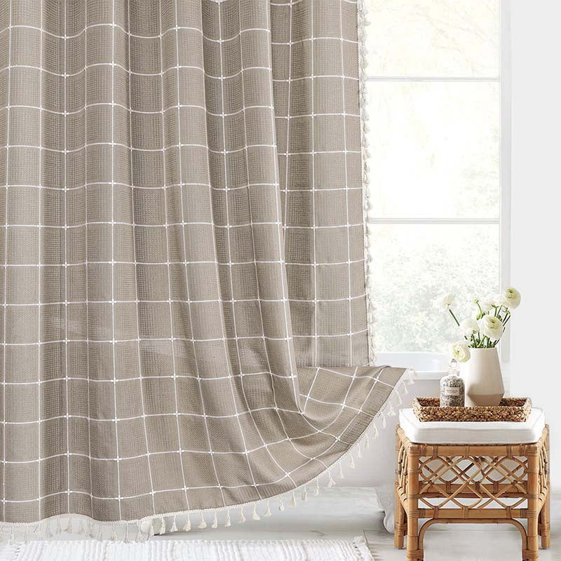 Rideau de Douche en Lin Tissé Imperméable avec Franges Bohème 180×200 cm Salle de Bains Beige à Carreaux | Koossa