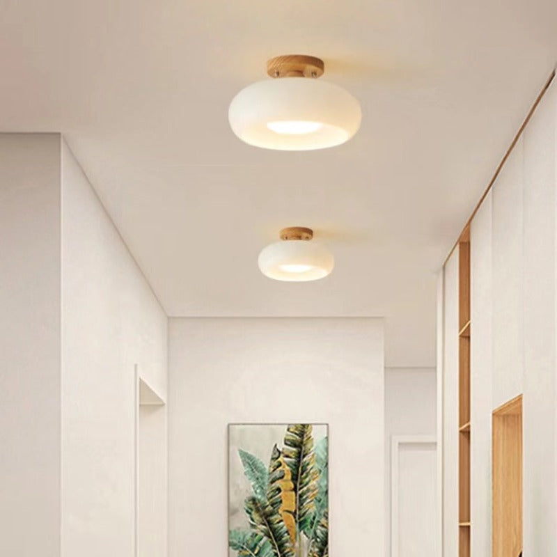 Wood & Glass Flush Mount Ceiling Light, E27 Socket, Natural Finish for Bedroom, Hallway, Dining Room, Scandinavian Japandi Decor | Lonoma