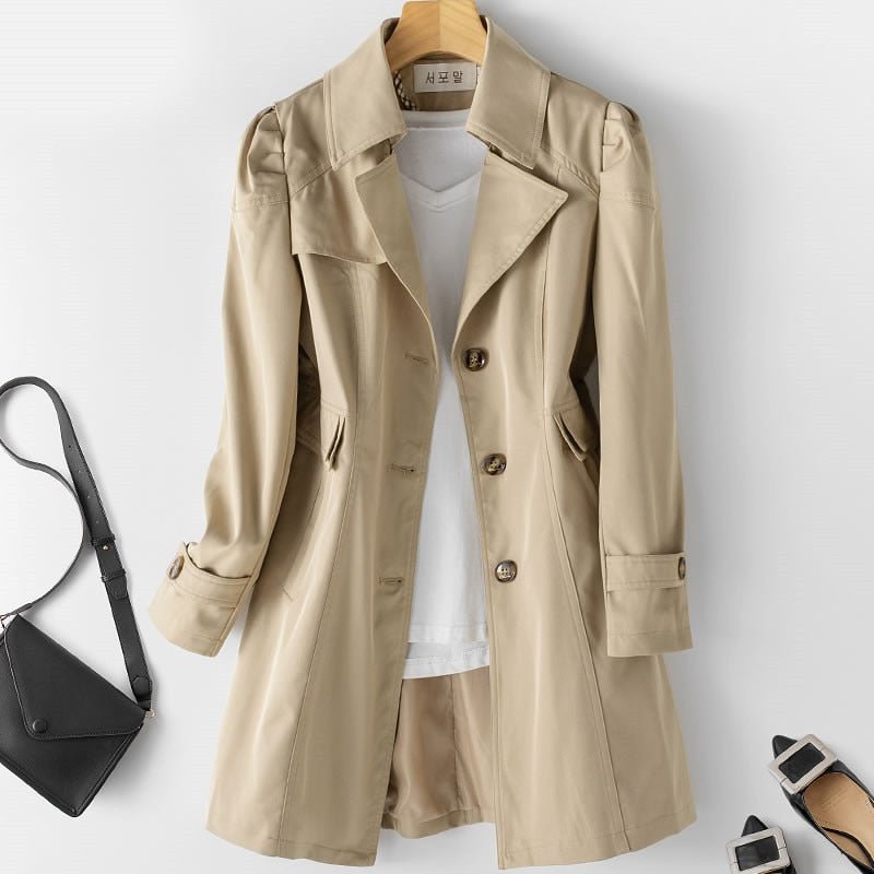 Women's Single-Breasted Trench Coat in Structured Cotton Blend – Tailored Knee-Length Design for Versatile Layering | Koossa
