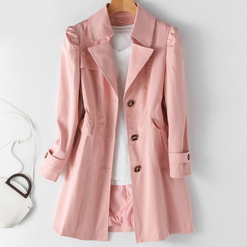 Women's Single-Breasted Trench Coat in Structured Cotton Blend – Tailored Knee-Length Design for Versatile Layering | Koossa