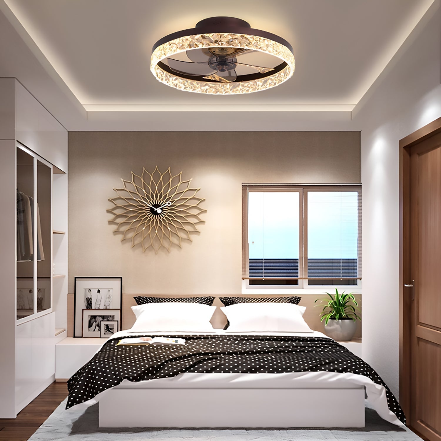 Ventilateur de Plafond Lumineux LED Dimmable Rond Moderne Noir Doré Blanc 6 Vitesses 3 Tons de Lumière | Koossa