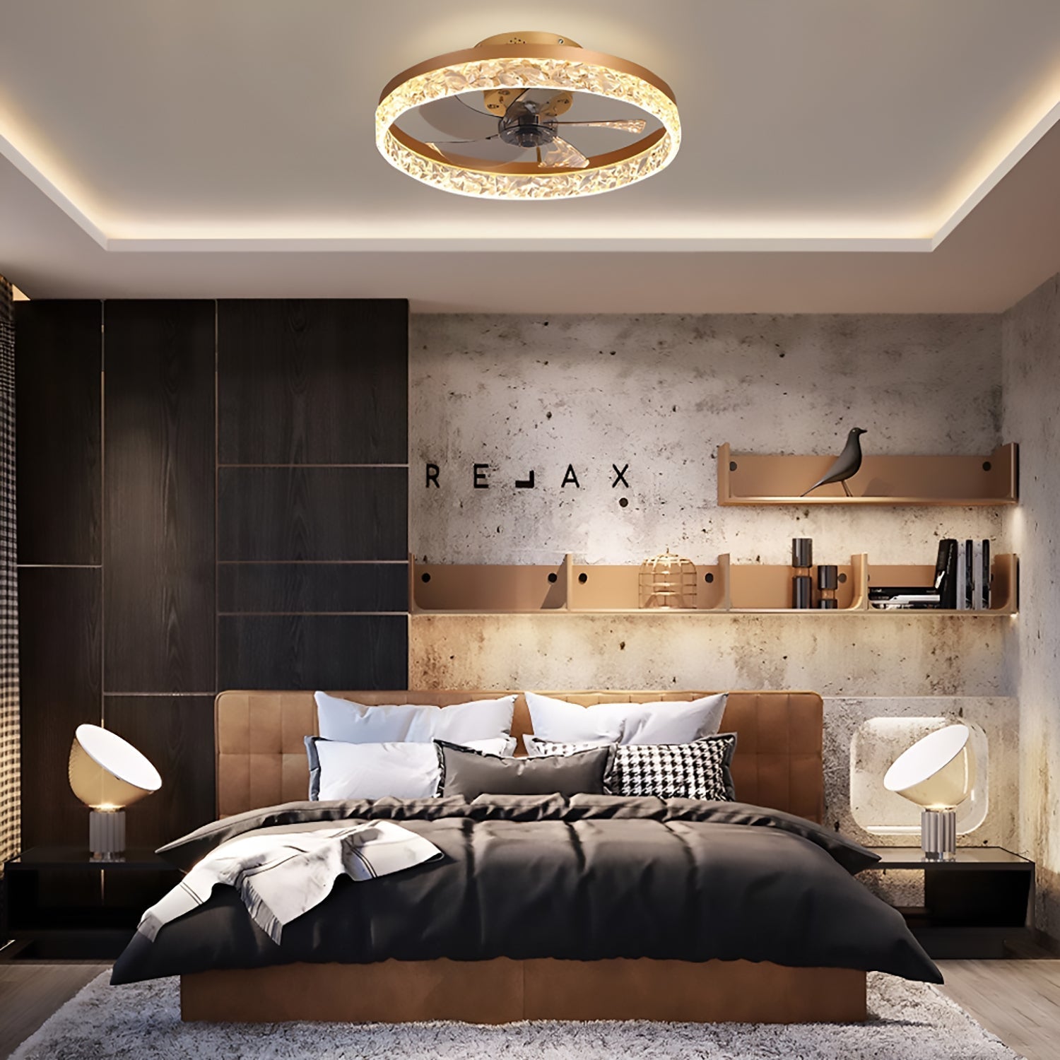 Ventilateur de Plafond Lumineux LED Dimmable Rond Moderne Noir Doré Blanc 6 Vitesses 3 Tons de Lumière | Koossa
