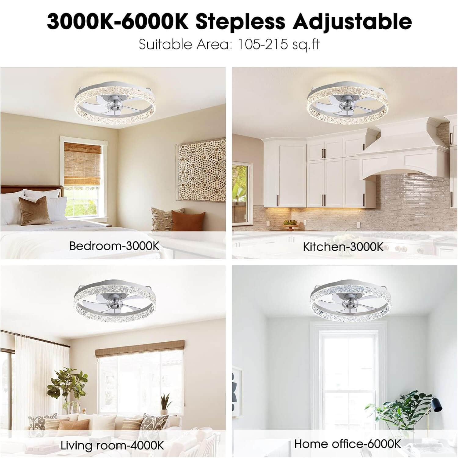 Ventilateur de Plafond Lumineux LED Dimmable Rond Moderne Noir Doré Blanc 6 Vitesses 3 Tons de Lumière | Koossa
