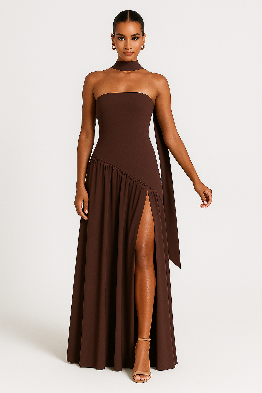 Strapless Evening Gown with Scarf Detail in Yellow and Brown | Koossa