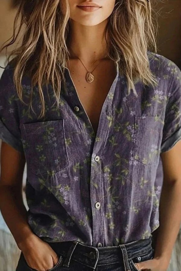 Women's Cotton Floral Blouse with Lapel Collar and Relaxed Short Sleeves for Summer Elegance | Koossa