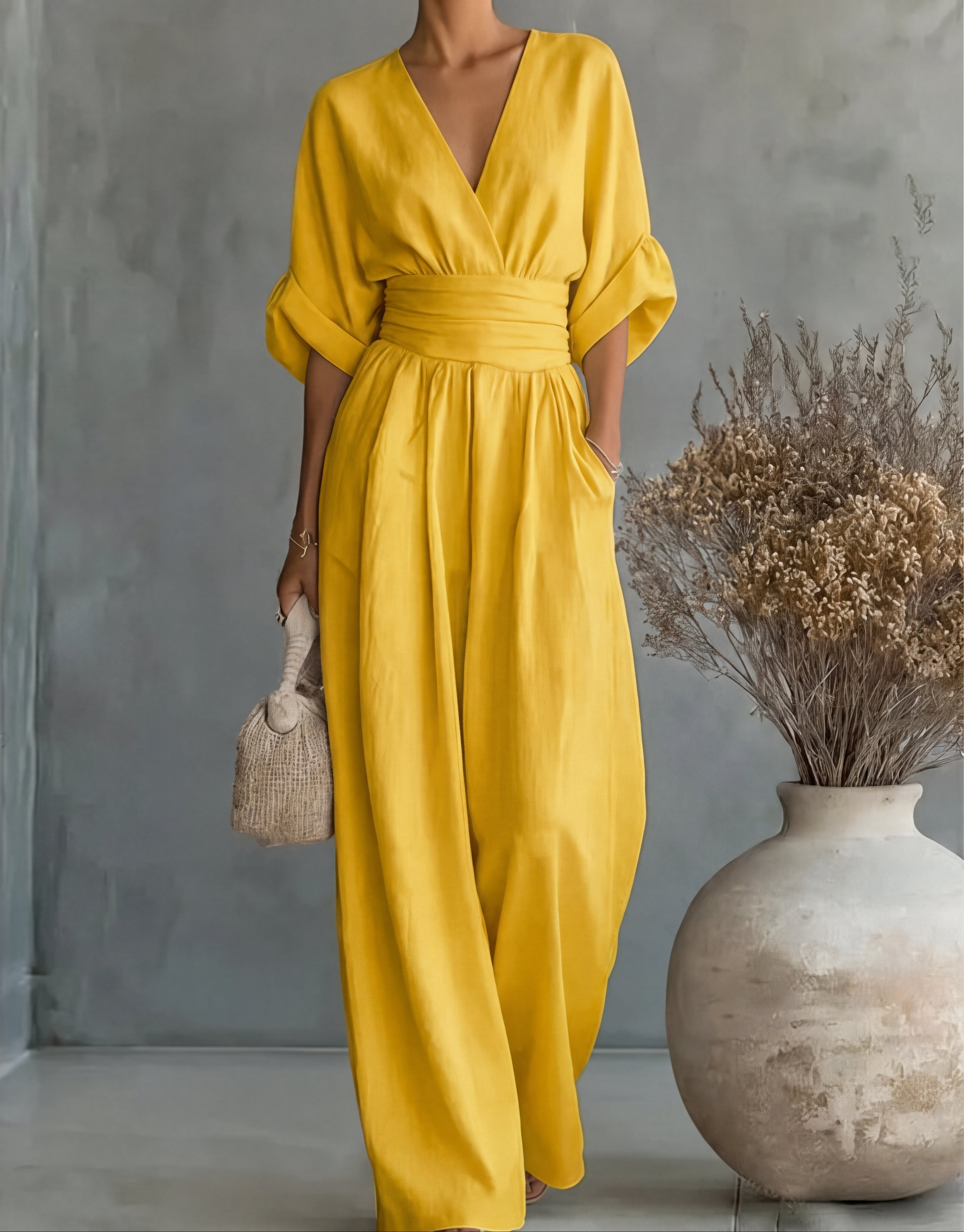 Women's Wrap-Front Wide-Leg Jumpsuit in Flowing Soft Fabric – Occasion Wear, Evening, Celebrations, Spring Summer Elegant One-Piece with Pockets | Koossa