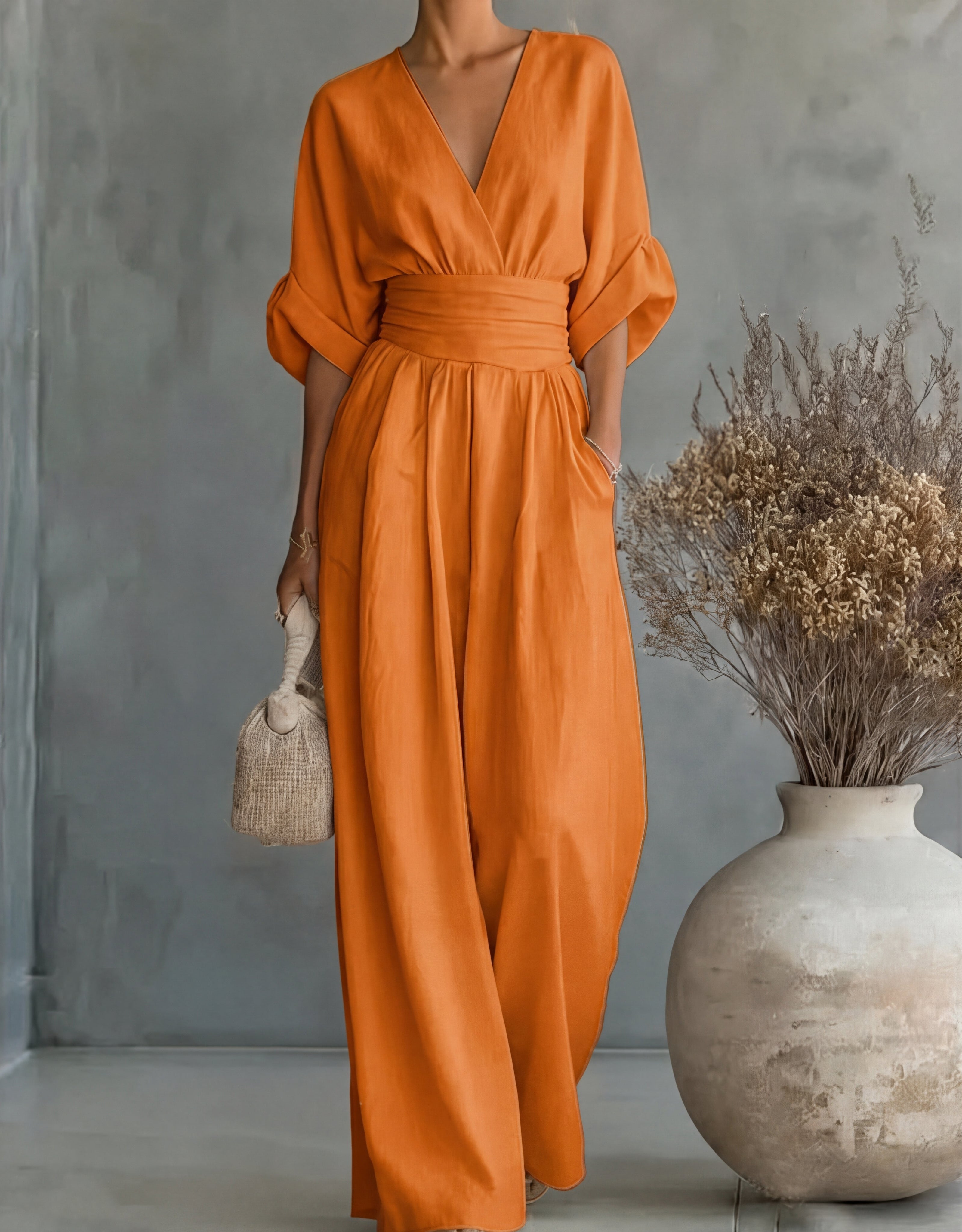 Women's Wrap-Front Wide-Leg Jumpsuit in Flowing Soft Fabric – Occasion Wear, Evening, Celebrations, Spring Summer Elegant One-Piece with Pockets | Koossa