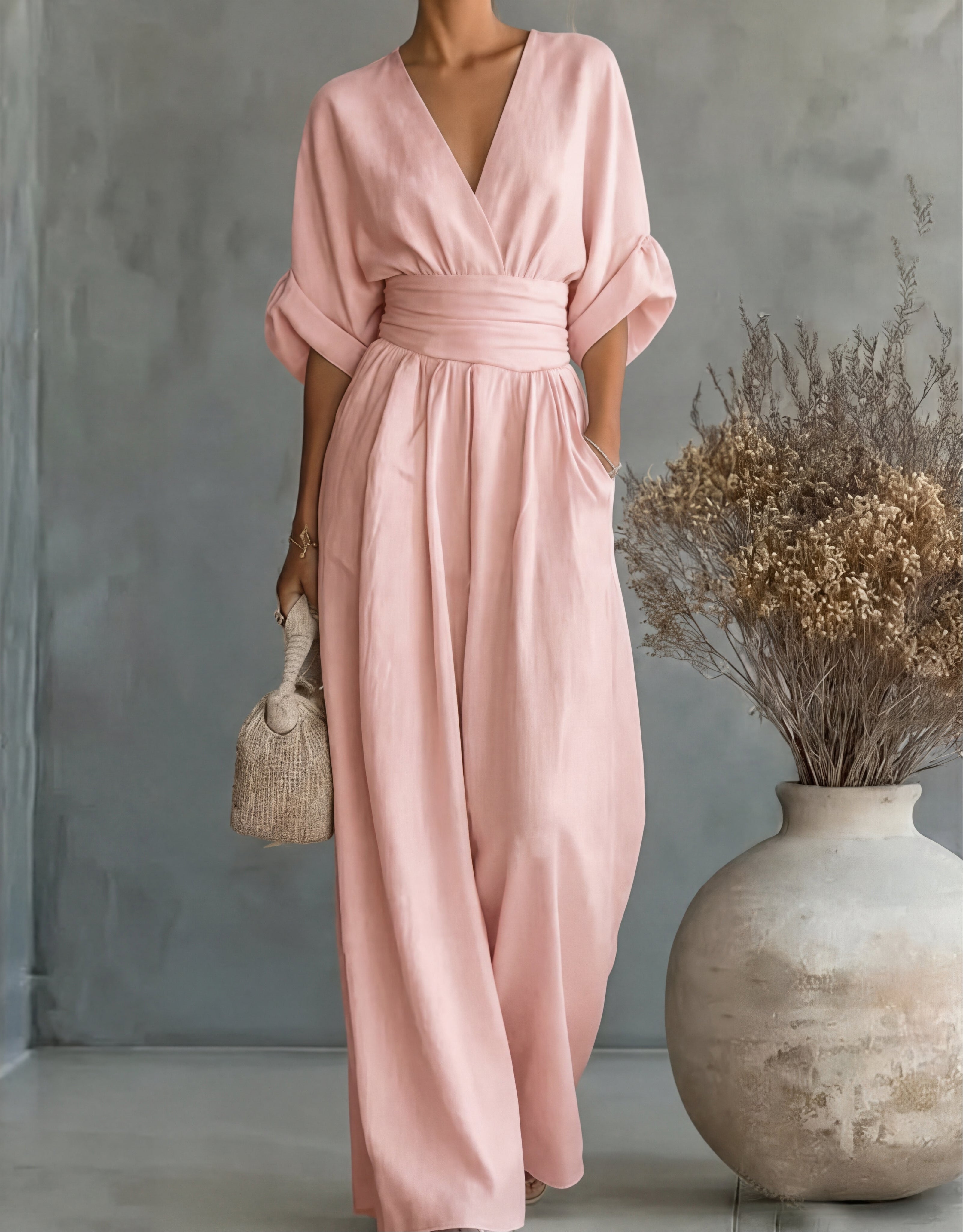 Women's Wrap-Front Wide-Leg Jumpsuit in Flowing Soft Fabric – Occasion Wear, Evening, Celebrations, Spring Summer Elegant One-Piece with Pockets | Koossa